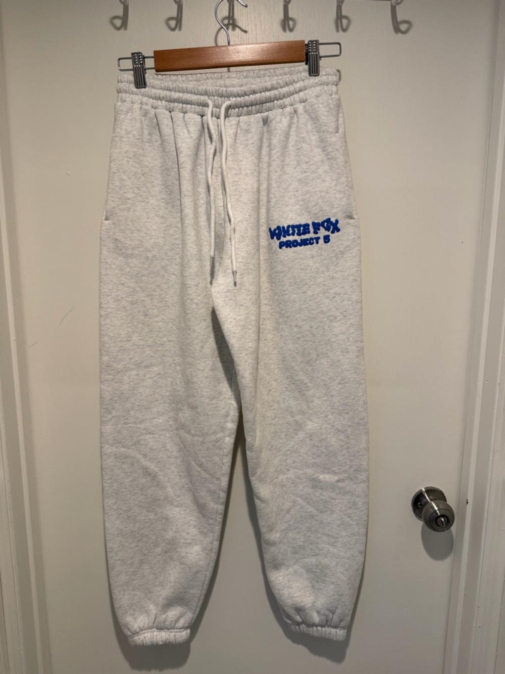 White Fox Boutique Light Gray Track Sweatpants with Blue Logo